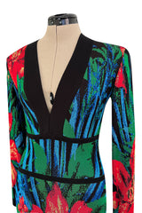 Stunning 2010s Balmain by Olivier Rousteing Huge Floral Print Front Plunge Knit Mini Dress