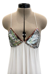 Late 1970s Ossie Clark White Jersey w Silver & Bronze Sequin Halter Dress w Matching Jacket