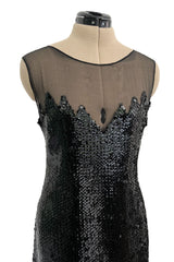 1973 Loris Azzaro Couture Black Flame Sequin Detailing & Feather Light Silk Chiffon Dress