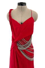Fabulous 2000s Versace by Donatella Red Crepe Dress w Rhinestone & Silver Chain Detailing