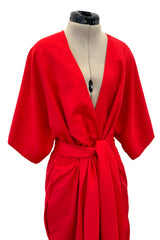 Fabulous 1970s Halston Wrap Plunge Red Full Length Dress w Wide Sleeves & Original Sash