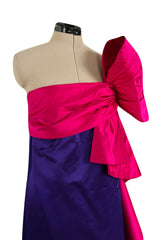 Spring 1984 Bill Blass Runway Purple Silk Dress w One Shoulder Bow & Long Ruffle
