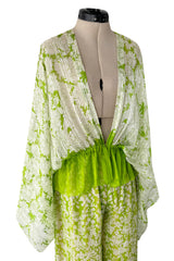 Fantastic 1970s Pauline Trigere Two Piece Green Silk Chiffon Plunge Top & Wide Leg Pant Set