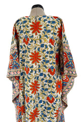 Prettiest 1960s Hand Block Printed Coral Blue & Ivory 100% Cotton Full Caftan w Front Belt