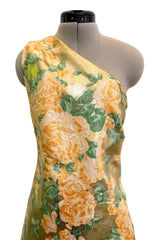 Incredible Spring 1993 Yves Saint Laurent One Shoulder Gold Floral & Peach Dress
