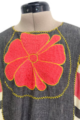 Fabulous 1960s Josefa Hand Muted Charcoal & Coral Cotton Caftan w Hand Embroidered Details