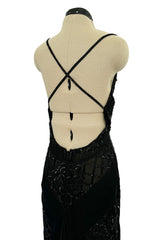Exquisite 1990s Valentino Heavily Beaded Black Silk Chiffon Dress w Draped Neckline & Bare Back
