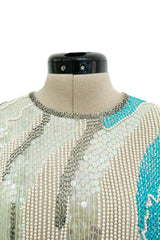 Spectacular 1983 Halston Well Documented Pastel Blues, Turquoise & Ivory Sequin Sheath Dress