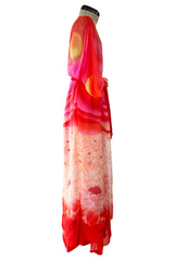 Incredible Spring 1978 Hanae Mori Brilliant Pink & Coral Sunset & Floral Caftan Dress & Cape Overlay