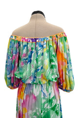 Prettiest 1970s Leonard Washed Floral Pastel Print Silk JerseyEasy -to-Wear Elastic Off Shoulder Dress