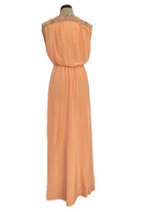 Documented 1960s Tiziani Couture by Karl Lagerfeld Peach Silk Plunge Dress w Matching Feather Cape