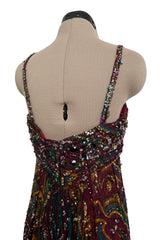 Exquisite 1965-66 James Galanos Couture Heavily Hand Beaded & Sequined Silk Print Dress