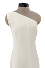 2010s Valentino Ivory Silk Crepe One Shoulder Dress w Draped Back & Rhinestone Buckle