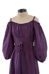 Sweetest Recent Christian Dior Deep Blue Silk Dress w Scattered Red Heart Print & Balloon Sleeves
