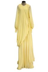 Exceptional 1970s George Stavropoulos Pale Yellow Bias Cut Silk Chiffon Caftan Dress w Attached Panel