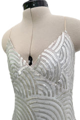 Fantastic 1970s Christian Dior Marc Bohan Silver Sequin Silk Chiffon Dress w Baby Blue Lining