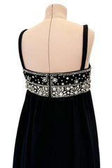 Sophisticated 1960s Donald Brooks Fine Black Wool Crepe Dress w Elaborate Rhinestone Detailing