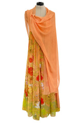 Gorgeous 1968 Hanae Mori Strapless Pastel Peach Floral Print Chiffon & Silk Dress w Shawl