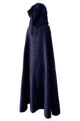 Fabulous Fall 1976 Yves Saint Laurent Striped Blue Wool Knee Length Cape w Hood & Tassel Detailing