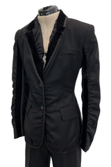 Chic Fall 2002 Yves Saint Laurent by Tom Ford Black Pant Suit w Velvet Trim & Curved Sleeves