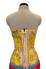 Very Rare Spring 2003 Roberto Cavalli Printed Silk & Net Boned Corset & Red Sequin Mini Skirt Set