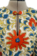 Prettiest 1960s Hand Block Printed Coral Blue & Ivory 100% Cotton Full Caftan w Front Belt