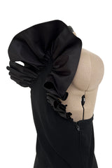 Fabulous 1980s Bill Blass One Shoulder Black Crepe Dress w High Taffeta Ruffle Detail