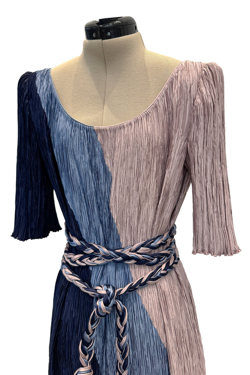 1980s Mary McFadden Couture Blue & Deep Dusky Pink Pleated Dress w Extra Long Braided Belt