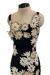 Bombshell Late 1940s Early 1950s Deep Blue Silk Wiggle Dress w Hand Cut Sequin Floral Applique