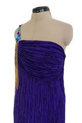 Fall 1982 Mary McFadden Purple Pleated Dress w Elaborate Beaded Gold Cord Shoulder