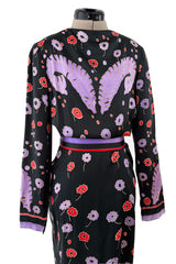 Rare Spring 1979 Chloe by Karl Lagerfeld Floral & Stripe Print Silk Dress w Matching Striped Belt