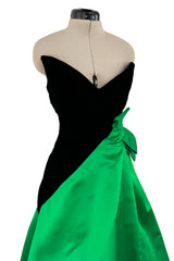 Fall 1987 Arnold Scaasi Black Strapess Velvet & Green Full Skirt Silk Dress