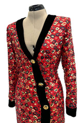 Spectacular Fall 1990 Givenchy Red Silk Organza Button Dress w Sequins & Velvet Trim &