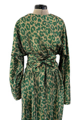 Incredible Fall 1979 Halston Runway Feather Light Green & Metallic Gold Lurex Dress w Original Belt