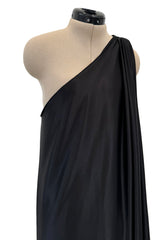 Original 1978 Halston Couture Main Label Black Jersey One Shoulder Draped Full Length Maxi Dress