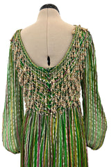 Exquisite 1960s James Galanos Metallic Green & Gold Silk Dress w Heavily Beaded Bodice