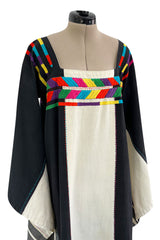 1960s Josefa Hand Embroidered Natural Linen & Black Caftan Dress W Incredible Sleeves