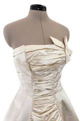 1950s Philip Hulitar Couture Strapless Gathered Front Champagne Ivory Silk Dress w Bow