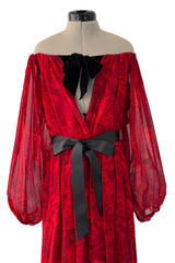 Beautiful Fall 1994 Yves Saint Laurent Red Rose Print Off Shoulder Dress w Velvet Bow