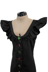 Spring 1992 Yves Saint Laurent Ad Campaign Black Dress w Green & Red Enamel Heart Buttons