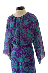 1976 Christian Dior by Marc Bohan Printed Purple & Turquoise Silk Chiffon Skirt & Jacket Set