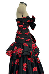 Specatacualr circa 1995 Nina Ricci Demi-Couture Strapless Floral Silk Taffeta Dress w Bow Detailing
