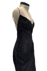 Outstanding 2000s Richard Tyler Black Silk Dress w Gathered Inserts & Scooped Open Back