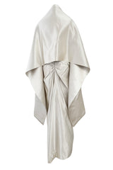 Minimalist 1990s Givenchy Silver Undertone Ivory Strapless Silk Dress w Back Gathering & Shawl