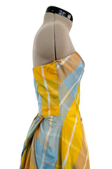 Beautiful Late 1980s Pierre Balmain Pastel Blue & Yellow Feather Light Strapless Silk Dress w Full Skirt