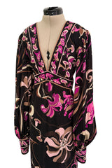 Dreamiest 1970s Emilio Pucci Black Silk Jersey Dress w V Front & Pink Flower Print