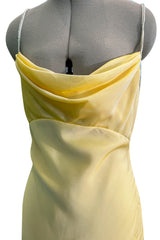 Prettiest 1980s Bob Mackie Pale Pastel Yellow Chiffon Dress w Draped Neckline & Flowing Skirt