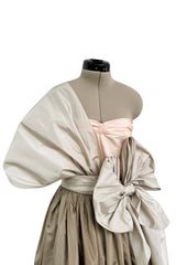 Dreamy Early 1980s Bill Blass Pink, Champagne & Taupe Silk One Shoulder Dress w Full Skirt
