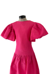 Prettiest 1980s Pierre Cardin Bright Pink Dress w Puff Sleeves & Flat Pleating