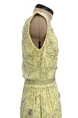 Prettiest Early 1960s Malcolm Starr by Elinor Simmons Hand Beaded Pale Yellow Silk Dress